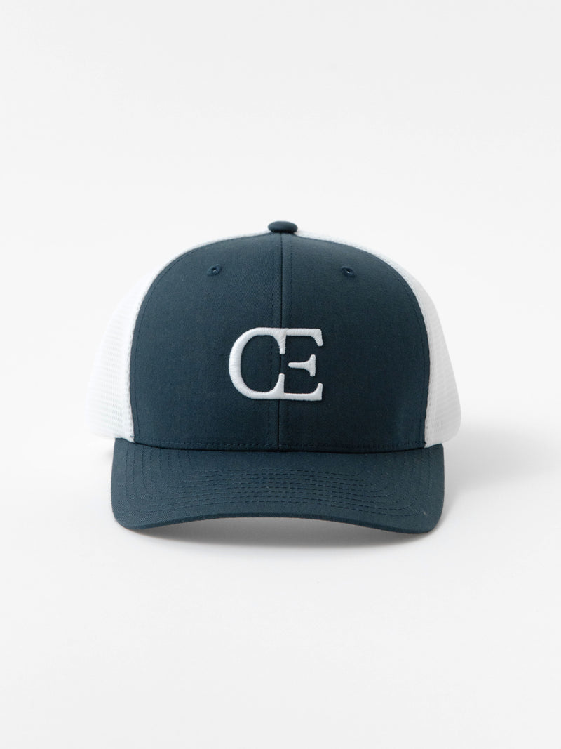 Navy and white cap with a CE logo on a light gray background
