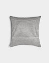The Cozy Earth Striped Throw Pillow features thin black and white horizontal stripes with a bold band of thicker stripes at the bottom, set against a plain white background.|Color:Mixed Stripe Eclipse and Sea Salt |Size:20" x 20"