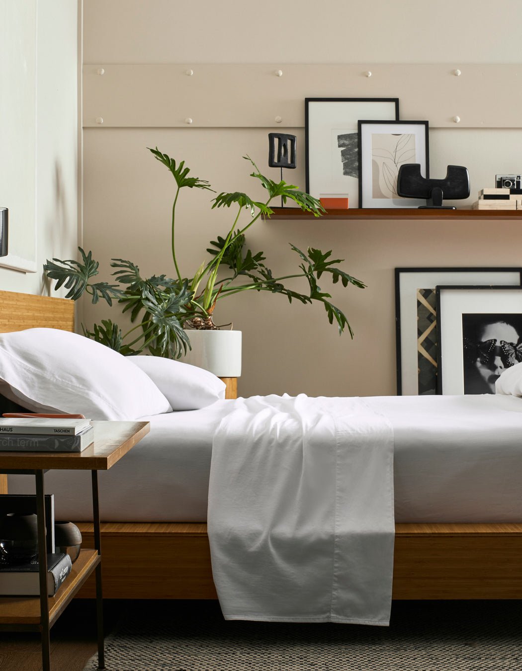 A modern bedroom features Cozy Earth's Soft-Wash Cotton Flat Sheet, a wooden bed with white bedding, a leafy plant in a white pot, framed art and decor on a shelf above the bed, and a side table with books.