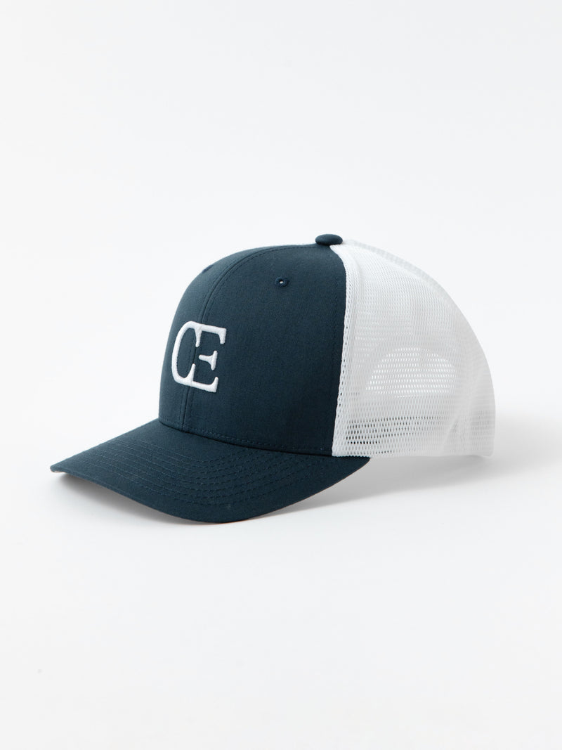 Navy and white cap with a CE logo on a light gray background