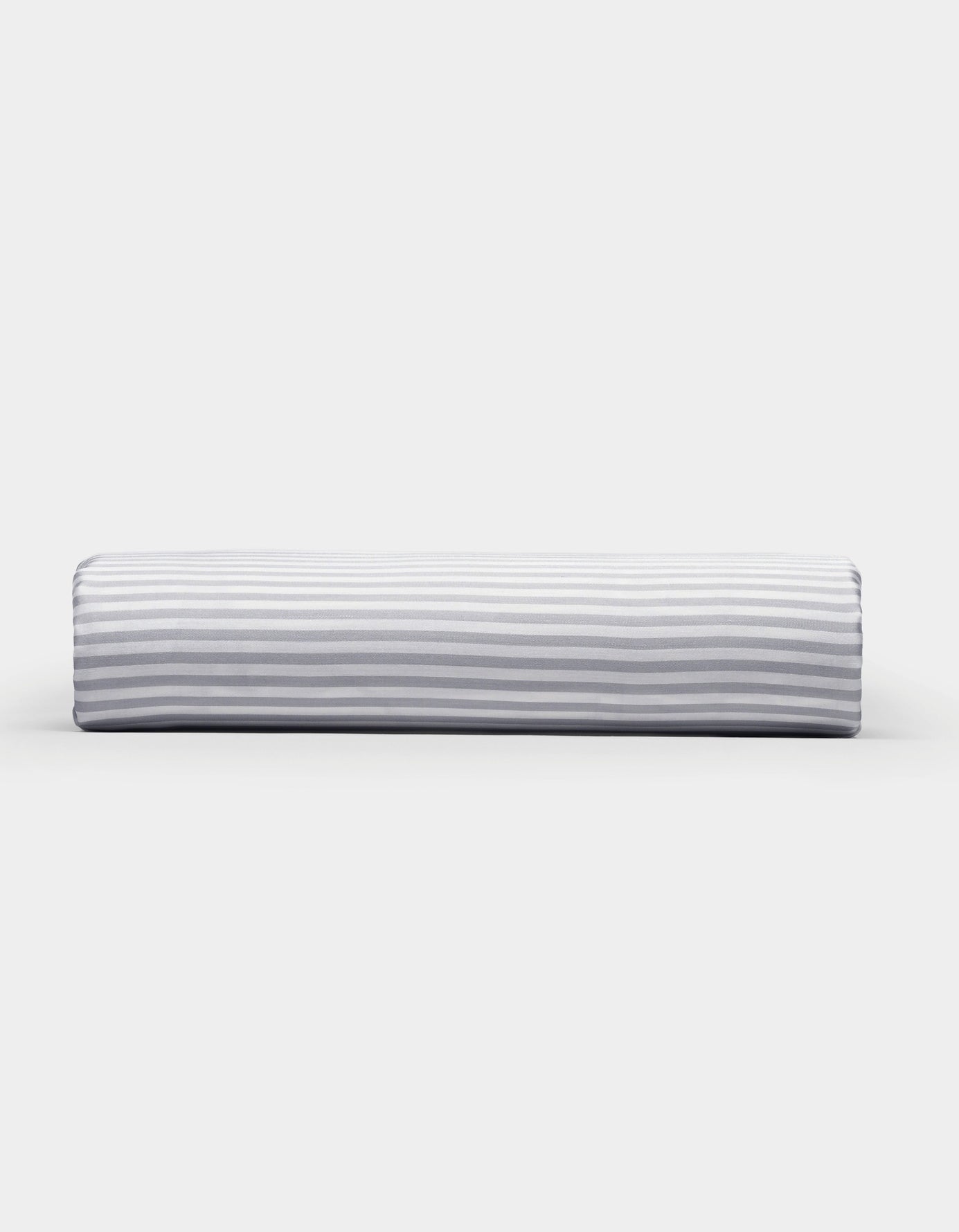 A Bamboo Fitted Sheet by Cozy Earth, featuring a light gray and white horizontal striped pattern, photographed on a plain white background.|Color:Classic Stripe in Dew