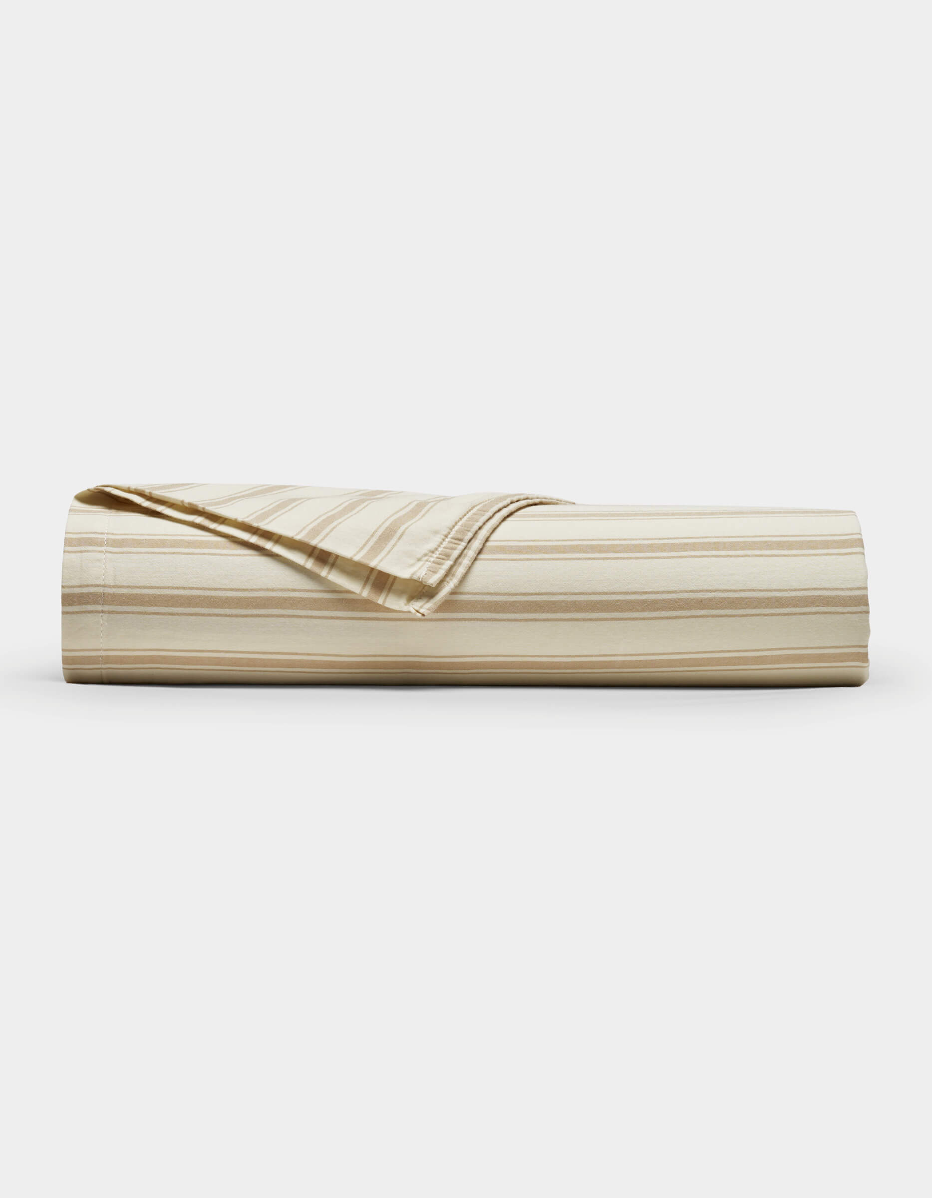 The Cozy Earth Soft-Wash Cotton Flat Sheet, shown neatly folded with a corner turned down to reveal the reverse side, features beige and cream stripes and is displayed against a plain white background.|Color:Coconut and Sandalwood Stripe