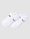 The Women's Essential Ankle Sock by Cozy Earth features a textured white design with subtle black text near the cuff, shown on a light gray background.|Color:White