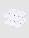 Six pairs of Cozy Earth Men's Essential No-Show Socks are stacked on a plain white background, each featuring "COZY" printed in black near the heel opening.|Color:White