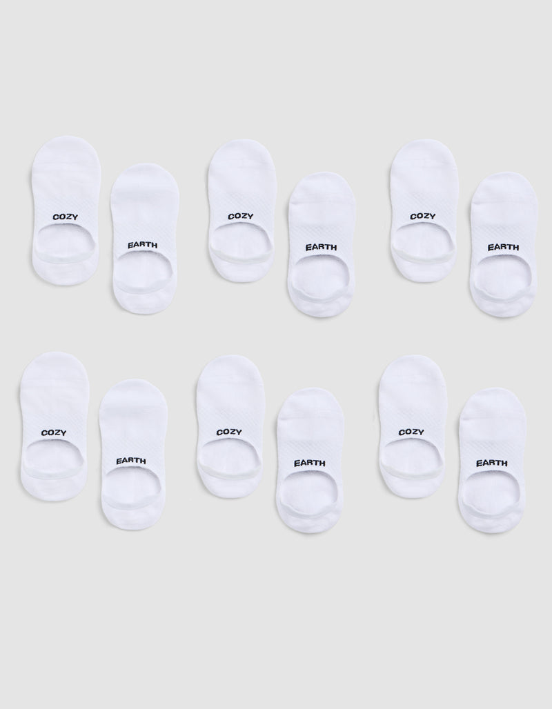 A 6-pack of white Essential No-Show Socks by Cozy Earth, each pair featuring "COZY" or "EARTH" in black text on top, displayed on a light gray background.