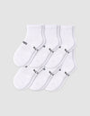 Six pairs of Cozy Earth Men’s Essential Quarter Socks in white are neatly displayed on a plain background, each featuring a ribbed cuff and black text by the toes. |Color:White