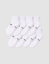 The Cozy Earth Men's Essential Quarter Sock 8-Pack features eight pairs of white socks with ribbed cuffs, neatly arranged in overlapping rows. Some have black text near the toe area, all displayed on a plain light background.|Color:White