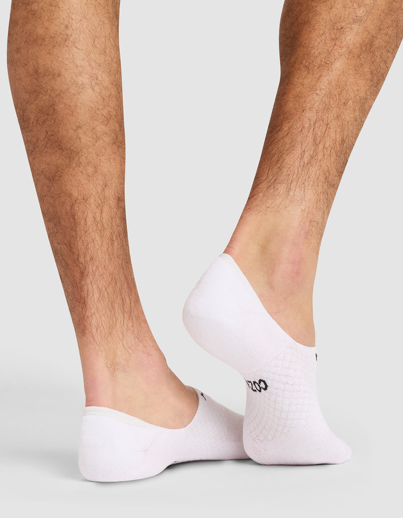A close-up of a person's lower legs and feet showcases Cozy Earth's Essential No-Show Sock in white. The socks cover only the feet, leaving ankles and most of the legs bare against a light gray background.
