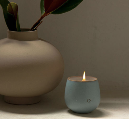 A Cozy Earth Candle is lit near vase.
