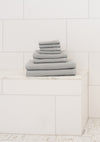 Waffle Bath Towel Set in the color Harbor Mist. Photo of Harbor Mist Waffle Bath Towel Set taken resting on a marble counter top. |Color:Harbor Mist
