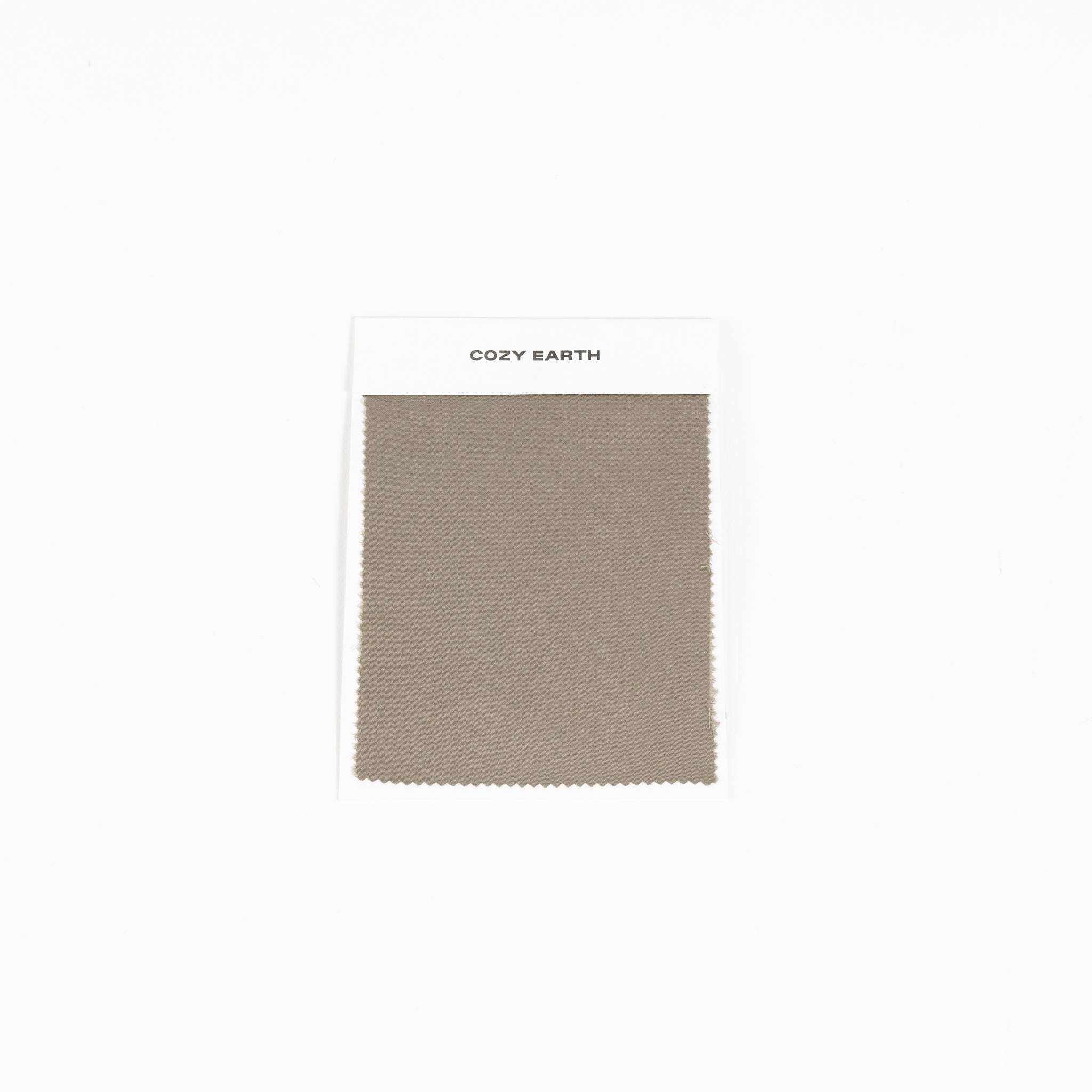 An olive green Bamboo Sheet Swatch with a fine texture and neatly cut edges is displayed on a white card labeled "Cozy Earth" against a plain white background. |Color:Walnut