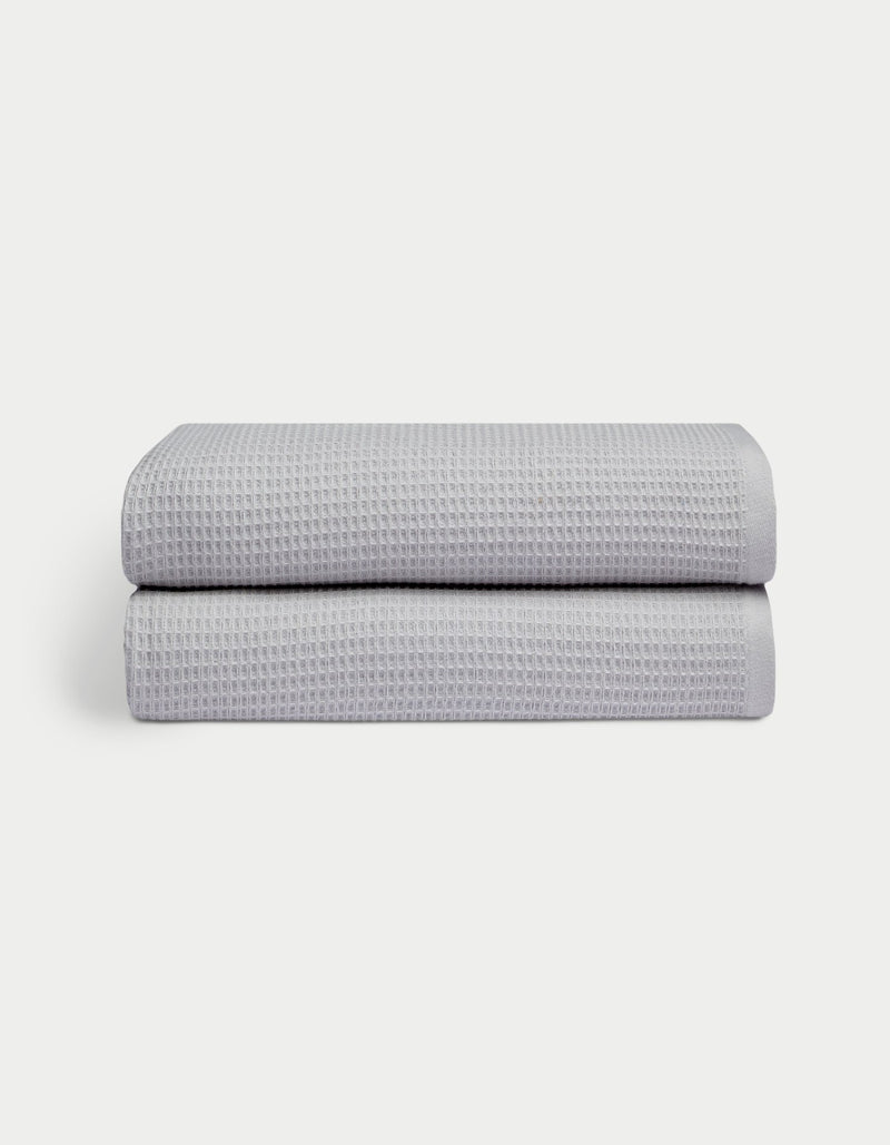 Waffle Bath towels in the color Harbor Mist. Photo of Harbor Mist Waffle Bath towels taken with white background.
