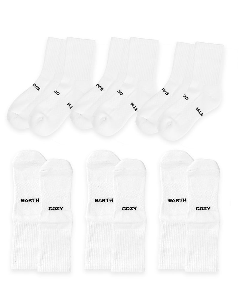 The Essential Calf Sock 6-Pack by Cozy Earth is displayed in two rows on a white background: the top row shows plain white socks, while the bottom row features socks with "EARTH" and "COZY" in black text.