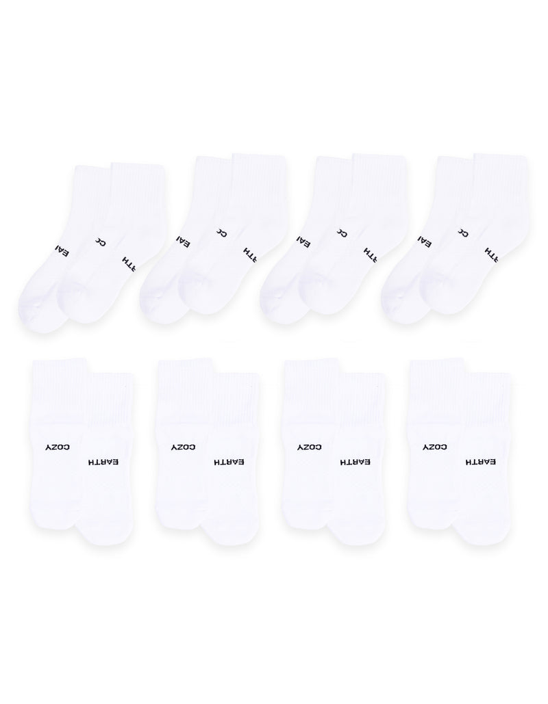 An 8-pack of white Essential Quarter Socks by Cozy Earth, each pair laid out flat with "EARTH" and "COZY" printed in black on the cuffs.